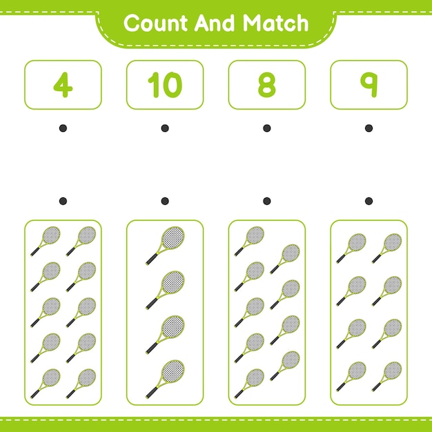 Count and match count the number of Tennis Racket and match with the right numbers Educational children game printable worksheet vector illustration