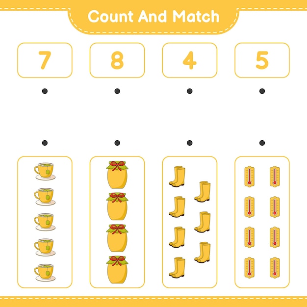 Conta e abbina, conta il numero di termometro, stivali di gomma, tazza da tè, marmellata e abbina con i numeri giusti. gioco educativo per bambini, foglio di lavoro stampabile, illustrazione vettoriale