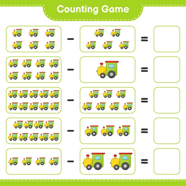 Count and match, count the number of Train and match with the right numbers. Educational children game, printable worksheet, vector illustration