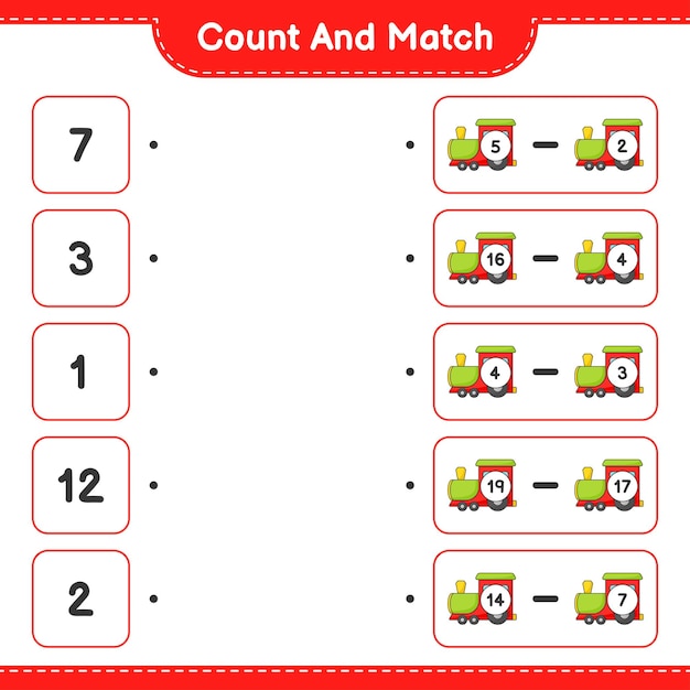 Count and match, count the number of train and match with the right numbers. educational children game, printable worksheet, vector illustration