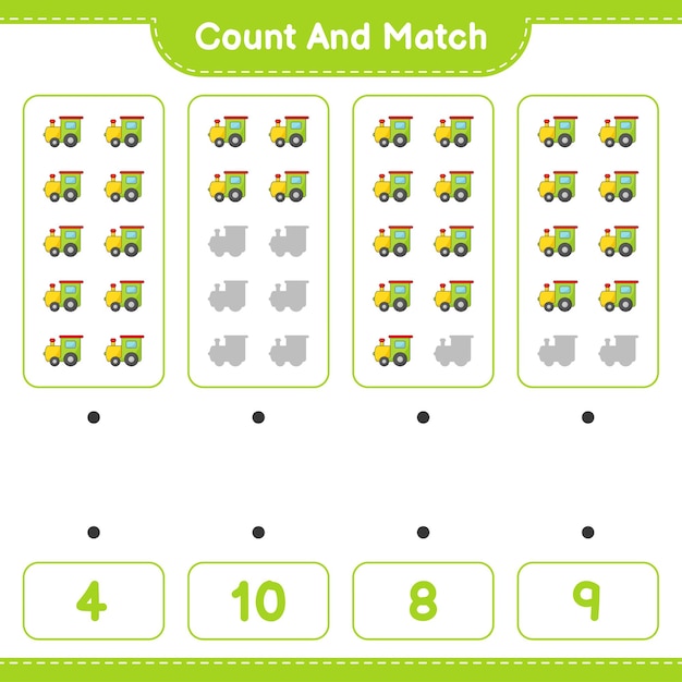 Count and match, count the number of Train and match with the right numbers. Educational children game, printable worksheet 