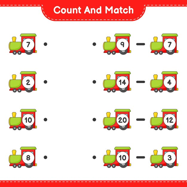 Count and match, count the number of Train and match with the right numbers. Educational children game, printable worksheet 