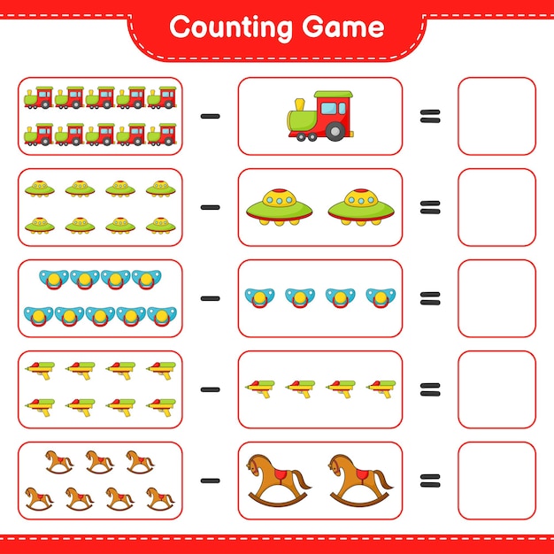 Count and match, count the number of Train, Ufo, Pacifier, Water Gun, Rocking Horse and match with the right numbers. Educational children game, printable worksheet, vector illustration