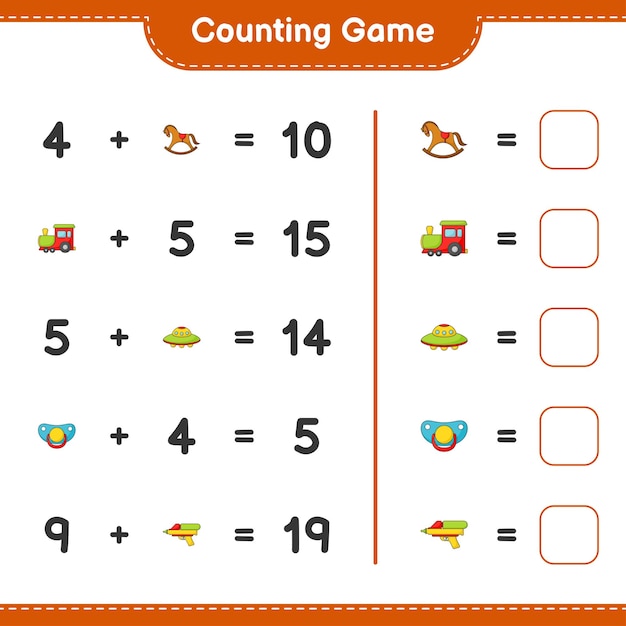 Conta e abbina, conta il numero di treno, ufo, ciuccio, pistola ad acqua, cavallo a dondolo e abbina con i numeri giusti. gioco educativo per bambini, foglio di lavoro stampabile, illustrazione vettoriale