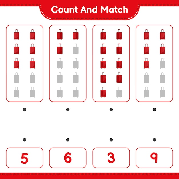 Count and match, count the number of Travel Bag and match with the right numbers. Educational children game, printable worksheet, vector illustration