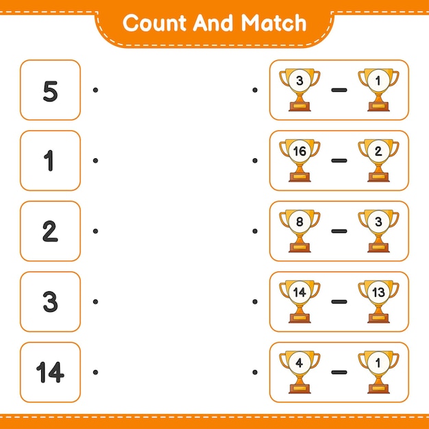 Count and match count the number of Trophy and match with the right numbers Educational children game printable worksheet vector illustration