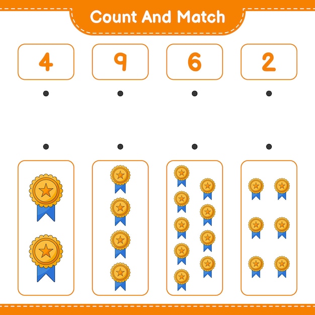 Подсчитайте и сопоставьте количество трофеев и сопоставьте с правильными числами Образовательная детская игра для печати векторная иллюстрация листа