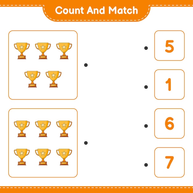 Count and match count the number of Trophy and match with the right numbers Educational children game printable worksheet vector illustration