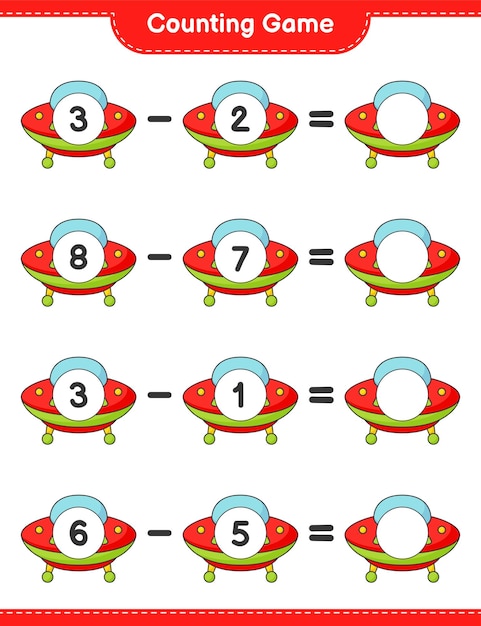 数えて一致させ、Ufoの数を数え、正しい数と一致させます。教育的な子供たちのゲーム、印刷可能なワークシート、ベクトル図