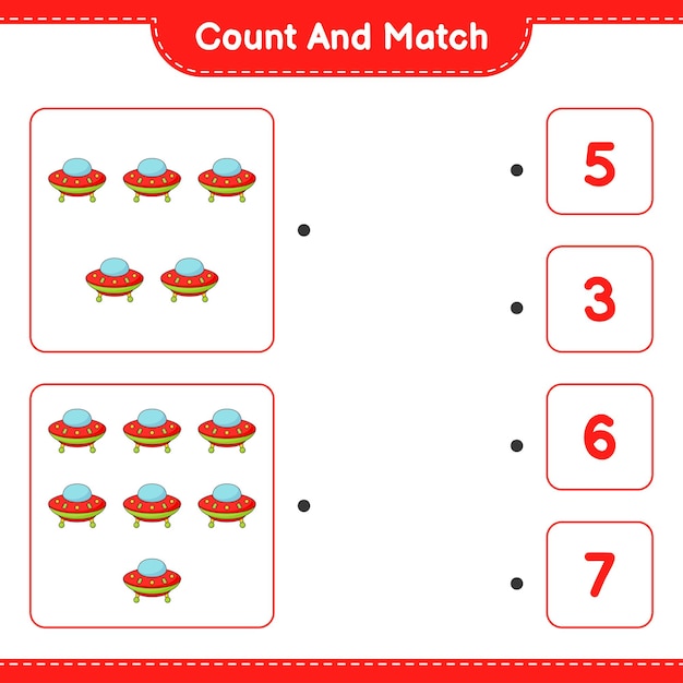 Ufo의 수를 계산하고 일치시키고 올바른 숫자와 일치시킵니다. 교육용 어린이 게임