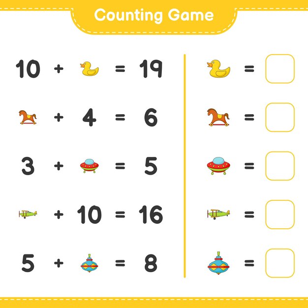 Count and match, count the number of Ufo, Plane, Whirligig Toy, Rubber Duck, Rocking Horse and match with the right numbers. Educational children game, printable worksheet, vector illustration