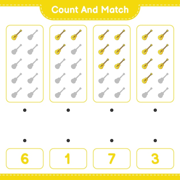 Count and match, count the number of Ukulele and match with the right numbers. Educational children game, printable worksheet, vector illustration