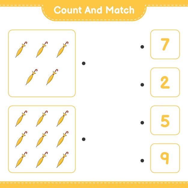 Count and match, count the number of Umbrella and match with the right numbers. Educational children game, printable worksheet, vector illustration