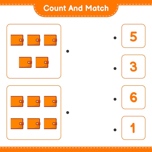 Подсчитайте и сравните, подсчитайте количество кошельков и сравните их с правильными числами. Развивающая детская игра, лист для печати, векторные иллюстрации