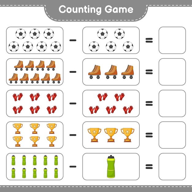 カウントして一致するウォーターボトルトロフィーサッカーボールゴールキーパーグローブローラースケートの数を数え、正しい数と一致する教育的な子供たちのゲームの印刷可能なワークシートのベクトル図