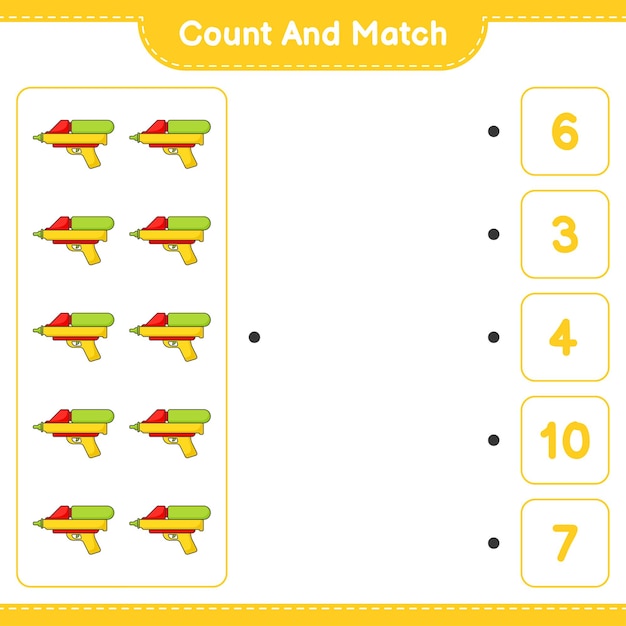 Conta e abbina, conta il numero di water gun e abbina con i numeri giusti. gioco educativo per bambini, foglio di lavoro stampabile, illustrazione vettoriale