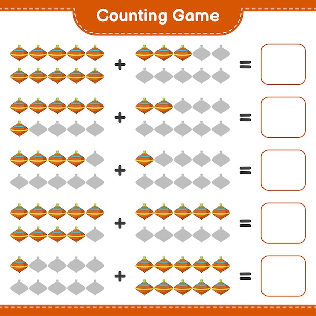 세고 짝짓기하고, Whirligig 장난감의 수를 세고 올바른 숫자와 짝을 맞추세요. 교육 어린이 게임, 인쇄용 워크시트, 벡터 일러스트 레이 션