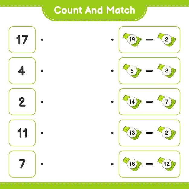 Count and match count the number of Whistle and match with the right numbers Educational children game printable worksheet vector illustration