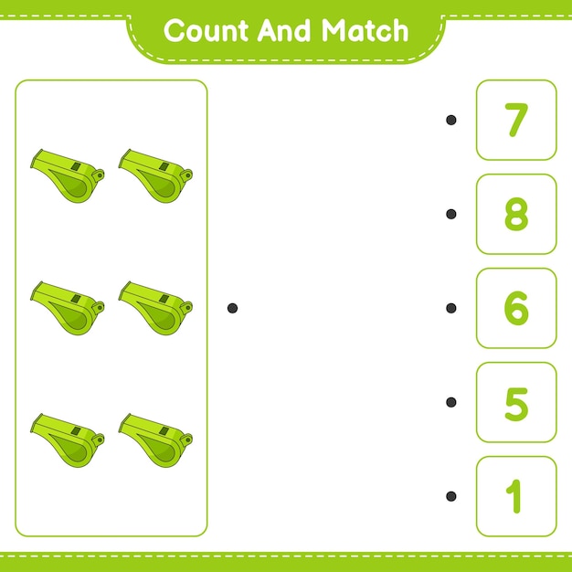 Count and match count the number of Whistle and match with the right numbers Educational children game printable worksheet vector illustration