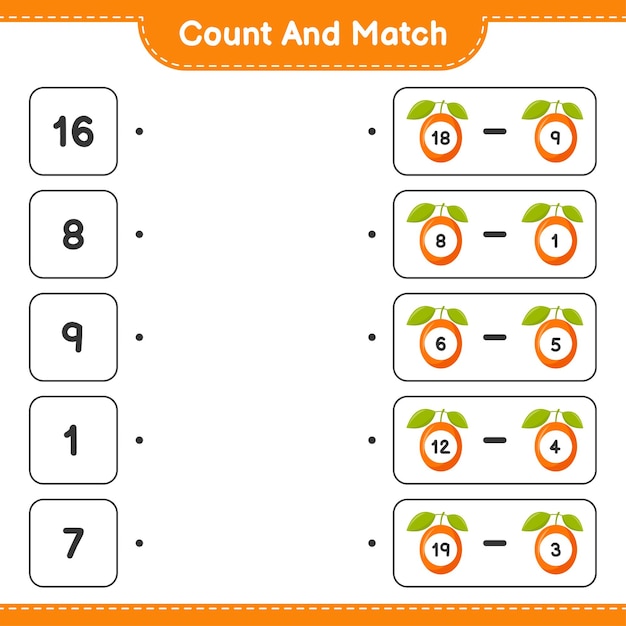 Count and match, count the number of Ximenia and match with right numbers. Educational children game, printable worksheet 