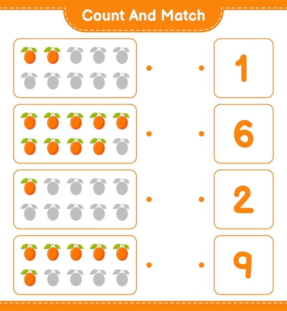 Conta e abbina, conta il numero di ximenia e abbina i numeri giusti. gioco educativo per bambini, foglio di lavoro stampabile.