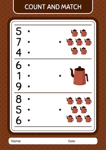 Count and match game with arabic teapot worksheet for preschool kids kids activity sheet