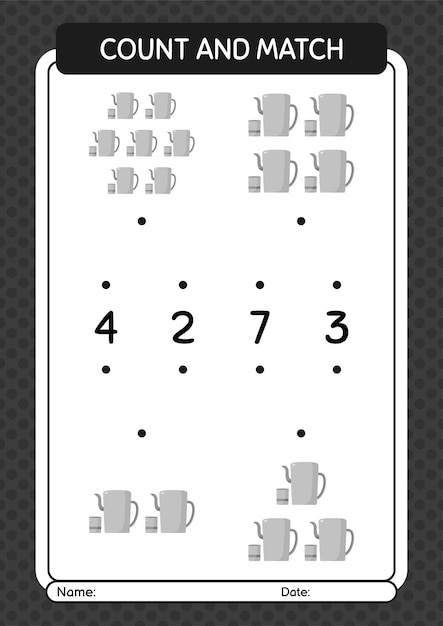 Count and match game with arabic teapot worksheet for preschool kids kids activity sheet