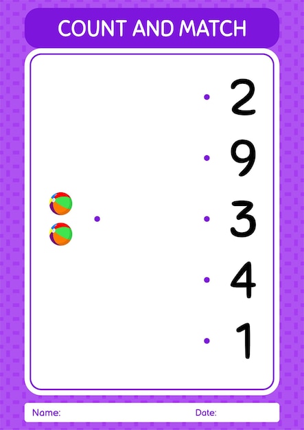 Count and match game with beach ball worksheet for preschool kids kids activity sheet