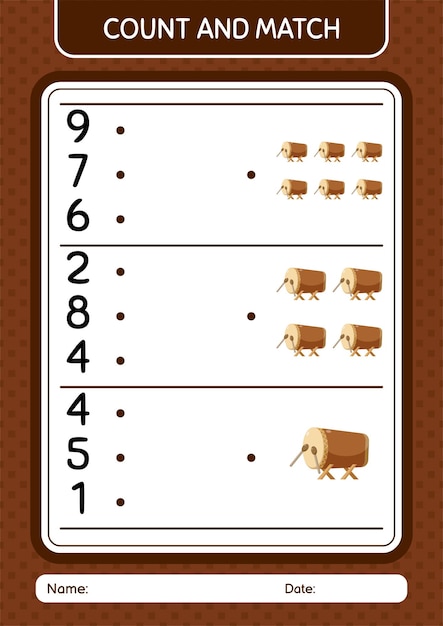 Count and match game with bedug drum worksheet for preschool kids kids activity sheet