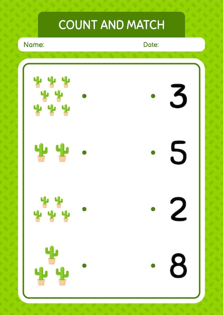 Count and match game with cactus worksheet for preschool kids kids activity sheet