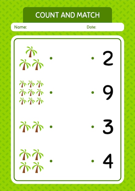 Count and match game with coconut tree worksheet for preschool kids kids activity sheet