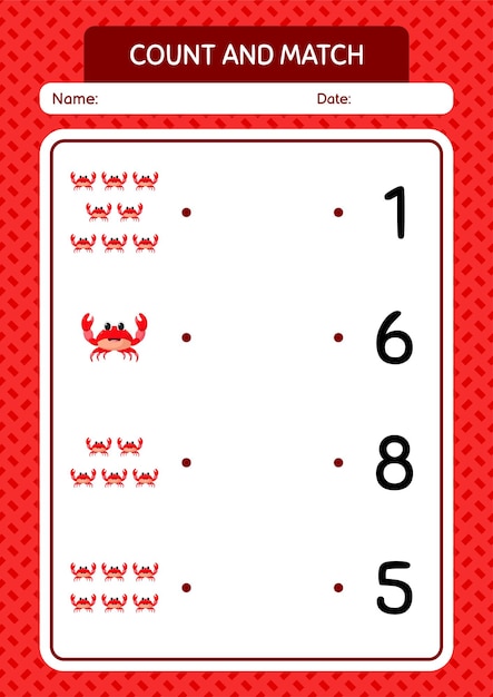 Count and match game with crab worksheet for preschool kids kids activity sheet