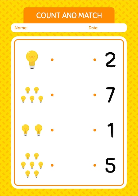 Count and match game with light bulb worksheet for preschool kids kids activity sheet