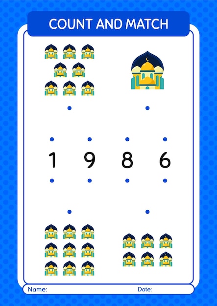 Conta e abbina il gioco con il foglio di lavoro della moschea per il foglio di attività dei bambini in età prescolare