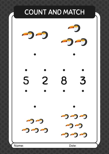Conta e abbina il gioco con il foglio di lavoro del tucano per il foglio delle attività dei bambini in età prescolare