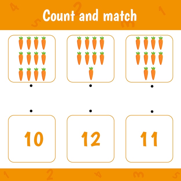 Conta e abbina gioco di attività matematiche per l'educazione dei bambini carote foglio di lavoro educativo per bambini