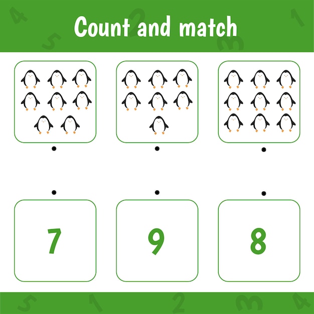 Count and match the number. Preschool or kindergarten worksheet. Vector illustration.