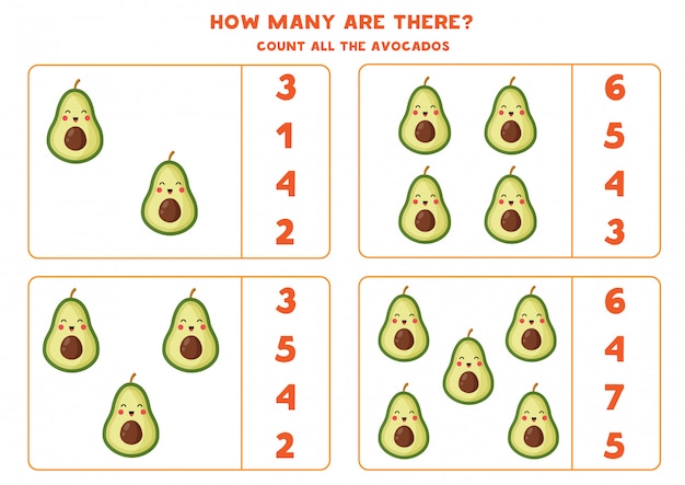 Conta il numero di frutti di avocado. foglio di lavoro educativo.