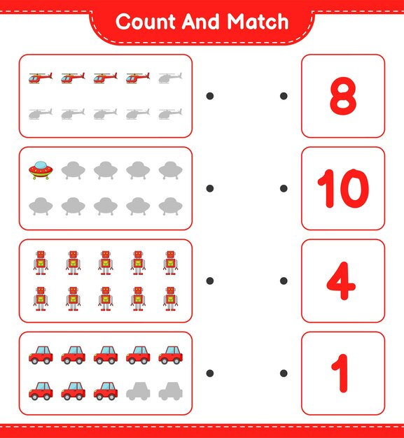 Count the number of Helicopter Ufo Robot Character Car and match with the right numbers