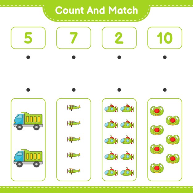 Vector count the number of lorry plane submarine pacifier and match with the right numbers