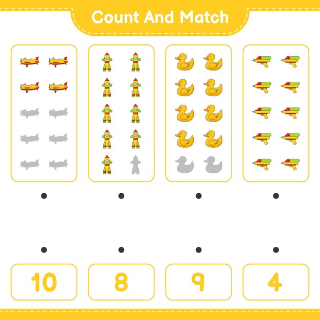 Count the number of Plane Rocket Rubber Duck Water Gun and match with the right numbers