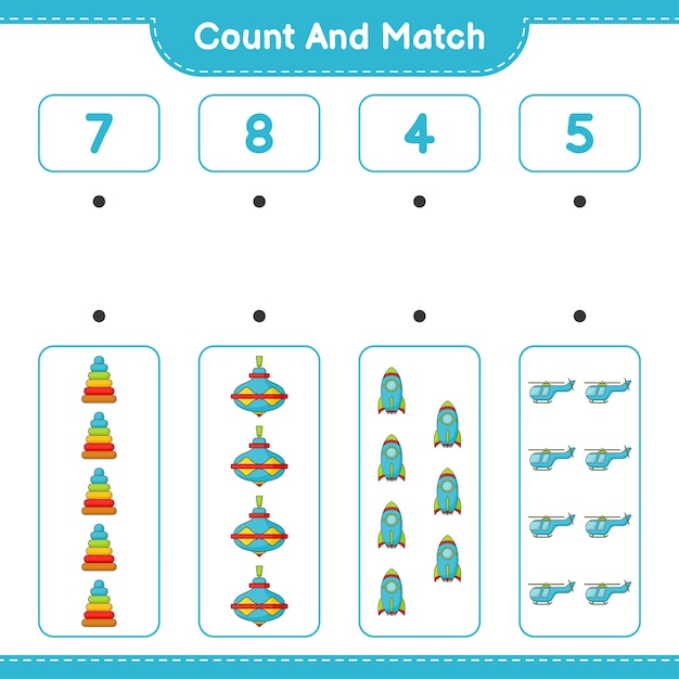 Count the number of Pyramid Toy Whirligig Toy Rocket Helicopter and match with the right numbers