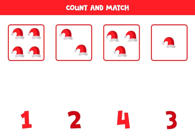 サンタクロースのキャップを数え、数字と一致させる子供向けの教育数学ゲーム