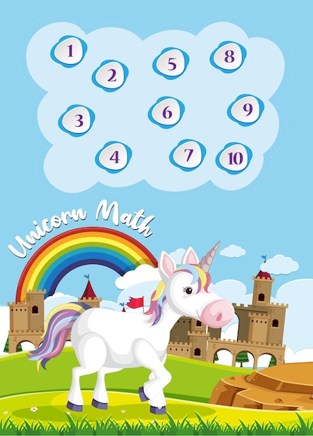 Count to ten for preschool in rainbow and unicorn theme background