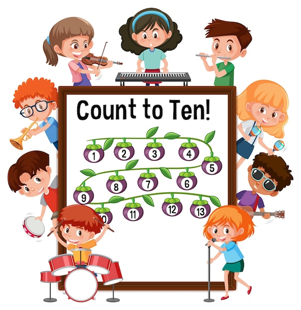 다양한 활동을 하는 많은 아이들과 함께 10개의 숫자 보드를 세십시오.