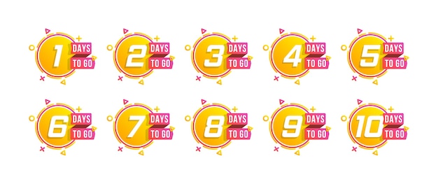 Countdown 1 to 10, days left label or emblem. Set of number days to go countdown.
