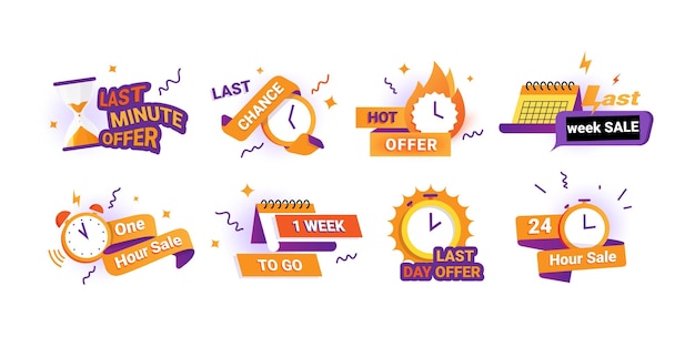 Countdown banners limited special offer stickers count days and hours until end of promotion discount signs with clocks or calendars and ribbons for lettering vector sale badges set