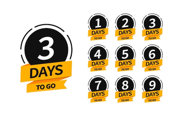Vector countdown banners. one, two, three, four, five, six, seven, eight, nine of days left to go. count time sale. flat badges, stickers, tag, label. number 1, 2, 3, 4, 5, 6, 7, 8, 9 of days left to go.