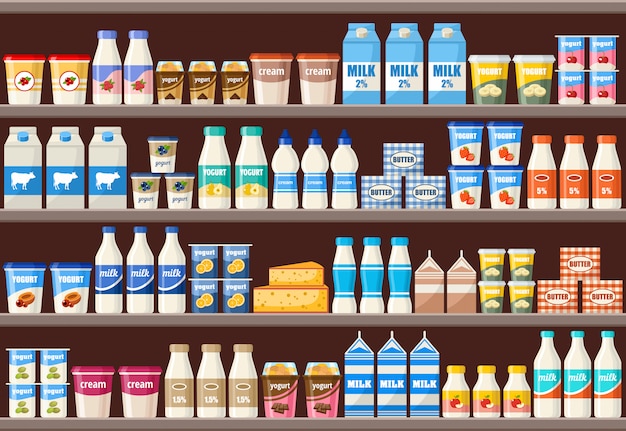 Vector counter with dairy products. supermarket