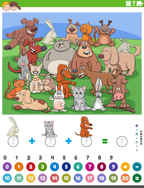 Counting and adding game with cartoon animals